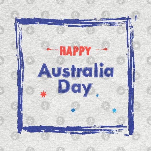 Happy Australia Day 26th January inscription poster with Calligraphy lettering, Australian Flag, Australia Map, stars and fireworks. Patriotic National Holiday Festive Poster for gifts and clothing design. by sofiartmedia